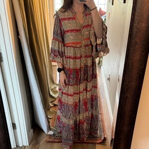 Bohemian Maxi Dress with Red and Beige Patterns